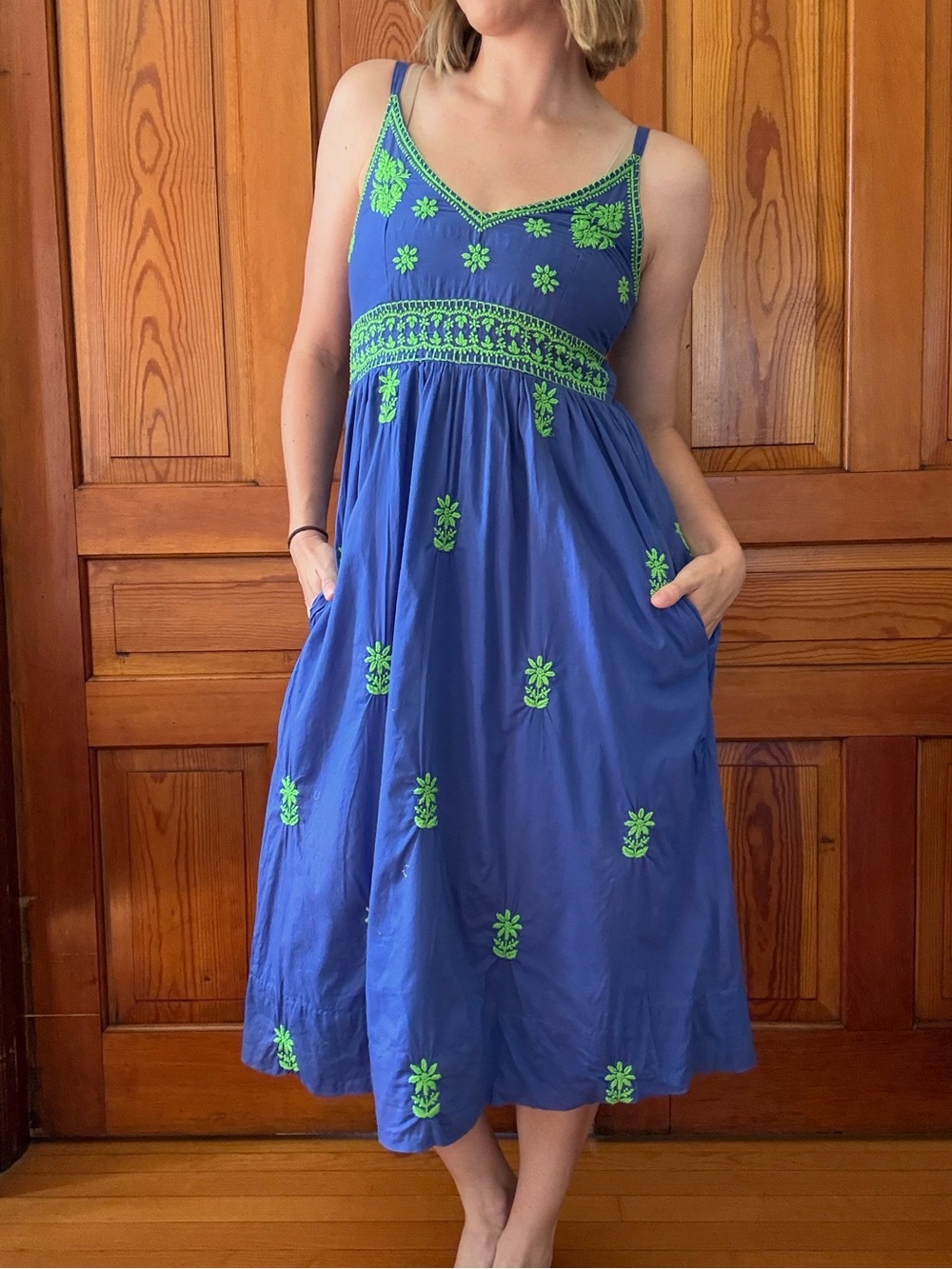 Gretchen Scott Blue Dress with Green Floral Embroidery